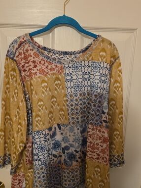 Alfred Dunner Women’s Patchwork-Print Tunic Top in Mustard and Blue